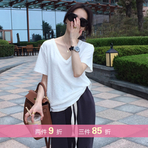 LICKYSENIOR praise fried white v-neck short-sleeved T-shirt WOMENs summer Korean VERSION loose solid color T-shirt top