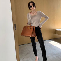 LICKYSENIOR custom fabric high elastic coating JEANS WOMENs AUTUMN AND winter high WAIST STRAIGHT NINE-point PANTS