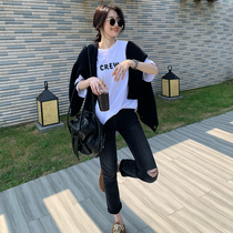 LICKYSENIOR SELF-CONTROL PUSH HIGH WAIST HOLE JEANS WOMENs STRAIGHT LOOSE AUTUMN THIN NINE-POINT PANTS