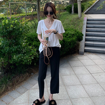 LICKYSENIOR imported fabric black smoke pipe SUIT PANTS WOMENs STRAIGHT loose high waist CASUAL NINE-point PANTS