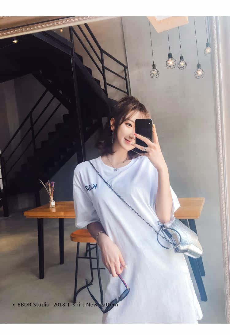 下衣失踪英文T恤短袖女2018新款中长纯棉bf风