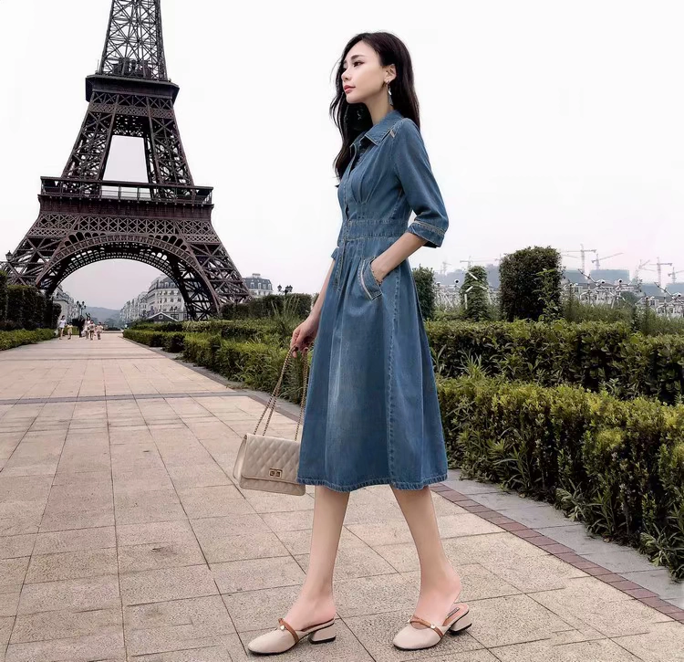 Mùa xuân và mùa thu giữa mùa xuân năm 2021 nữ mới Hàn Quốc giản dị eo cao eo cao váy denim ba phần tư tay áo - Váy eo cao