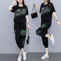 Sweet and spicy summer suit fat mm female 2021 new fat sister on the grade stitching denim fashion casual two-piece set