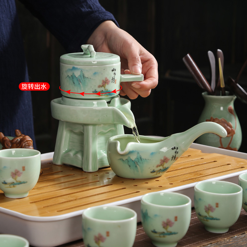 Semi - automatic kung fu tea set lazy household ceramics stone mill make tea tea teapot teacup whole contracted