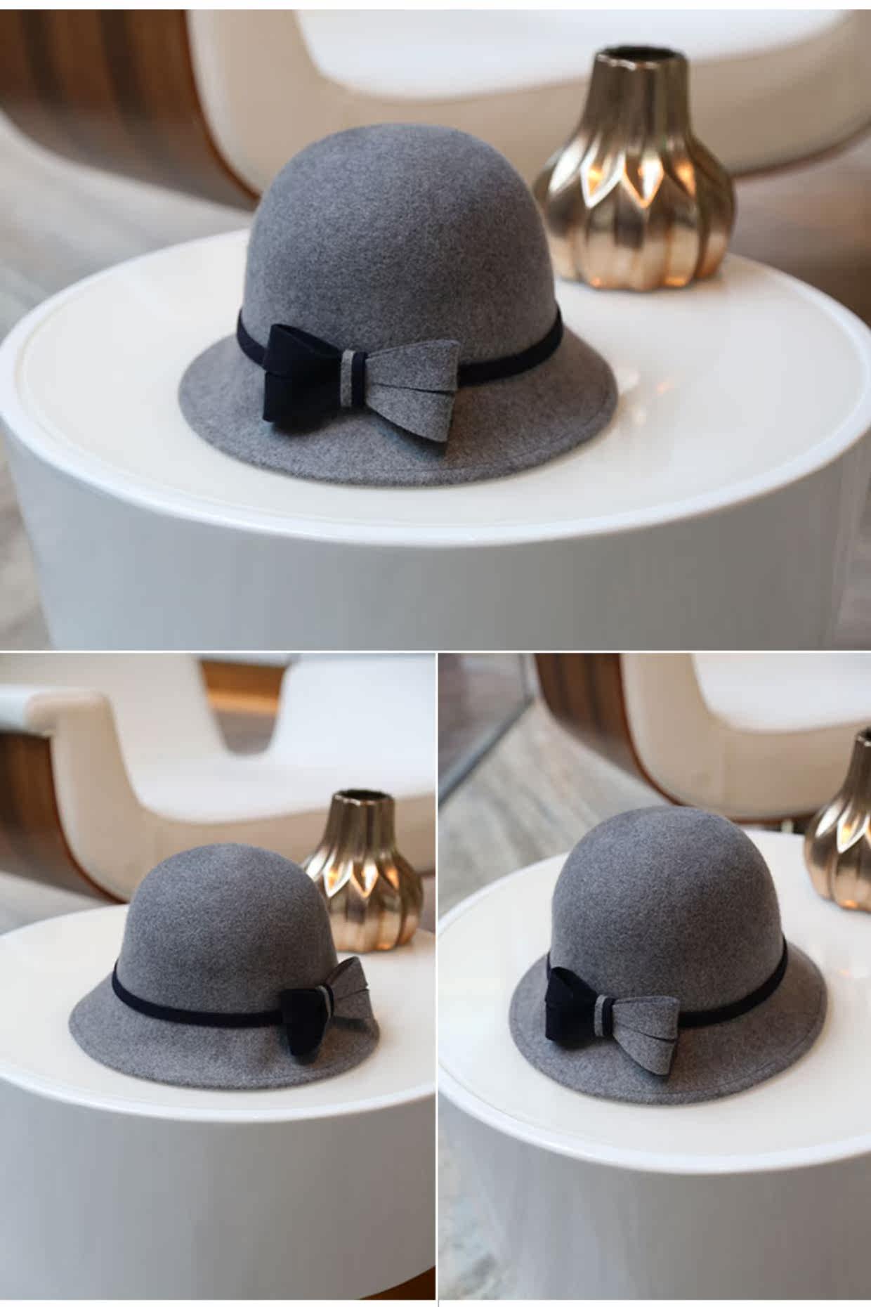 秋冬羊毛礼帽女士经典英伦风优雅小沿盆帽拼色蝴蝶结保暖渔夫帽子