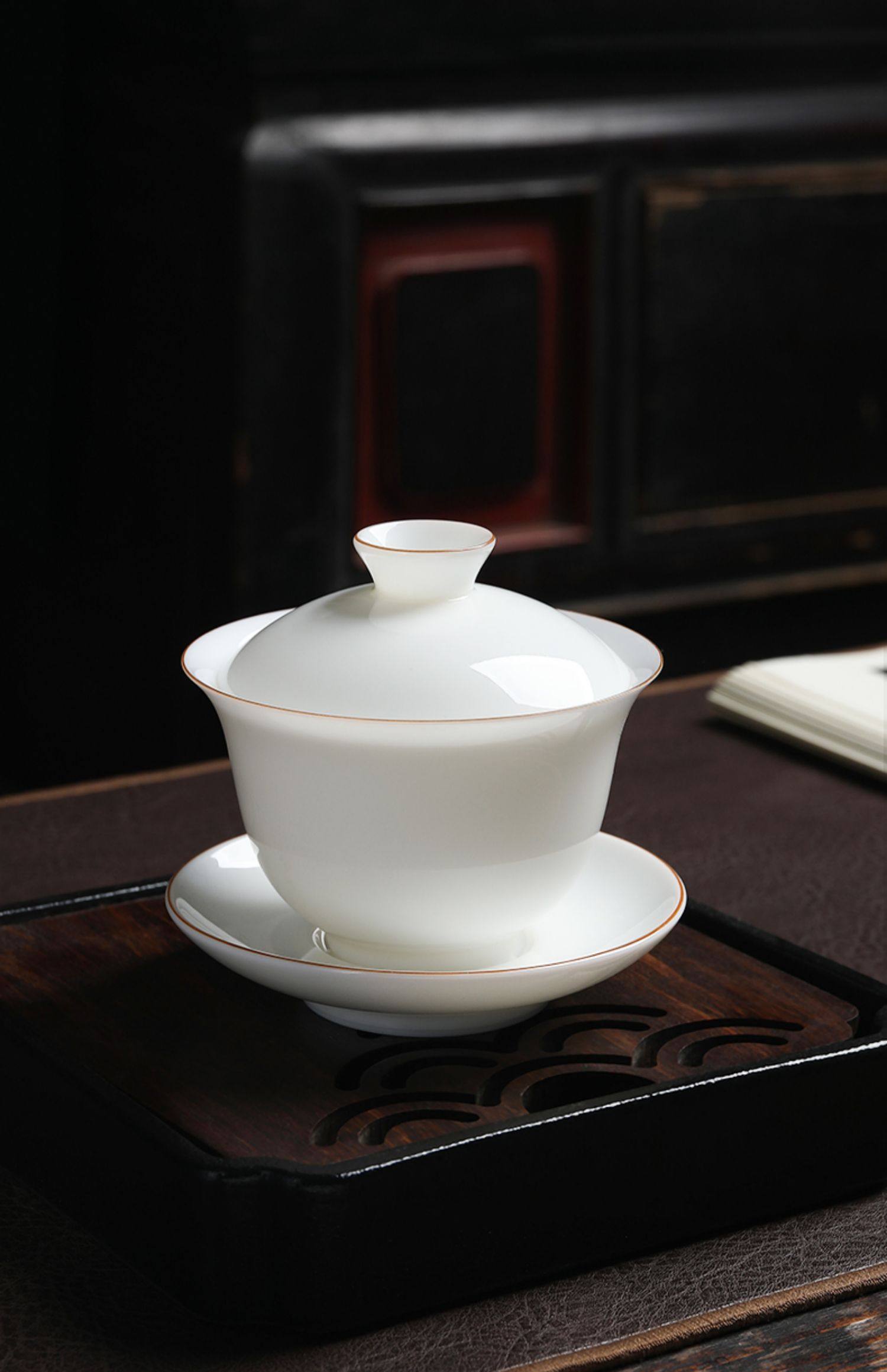 妙莲天香 陶瓷朱丝红三才盖碗 德化羊脂玉白瓷泡茶碗单个茶杯茶碗