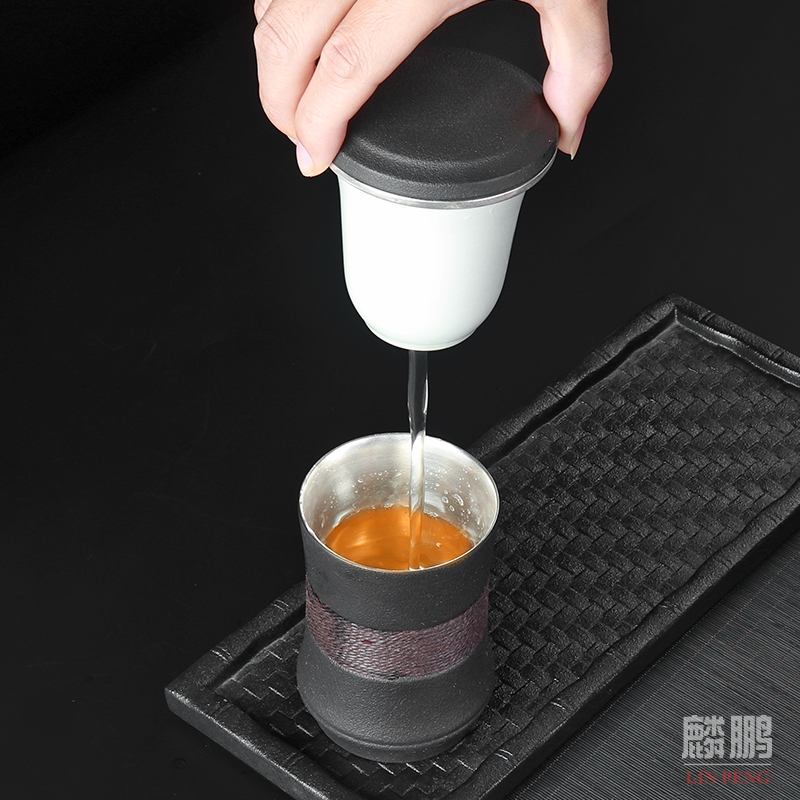 Japanese with cover thick ceramic tea cup 999 sterling silver crack cup travel office contracted portable filter cups