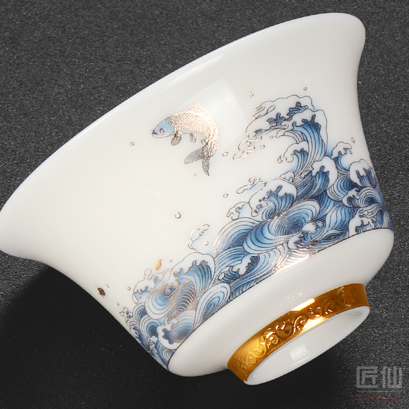 Artisan fairy dehua white porcelain tea set household suet jade kung fu tea gift box and contracted tea tureen teapot
