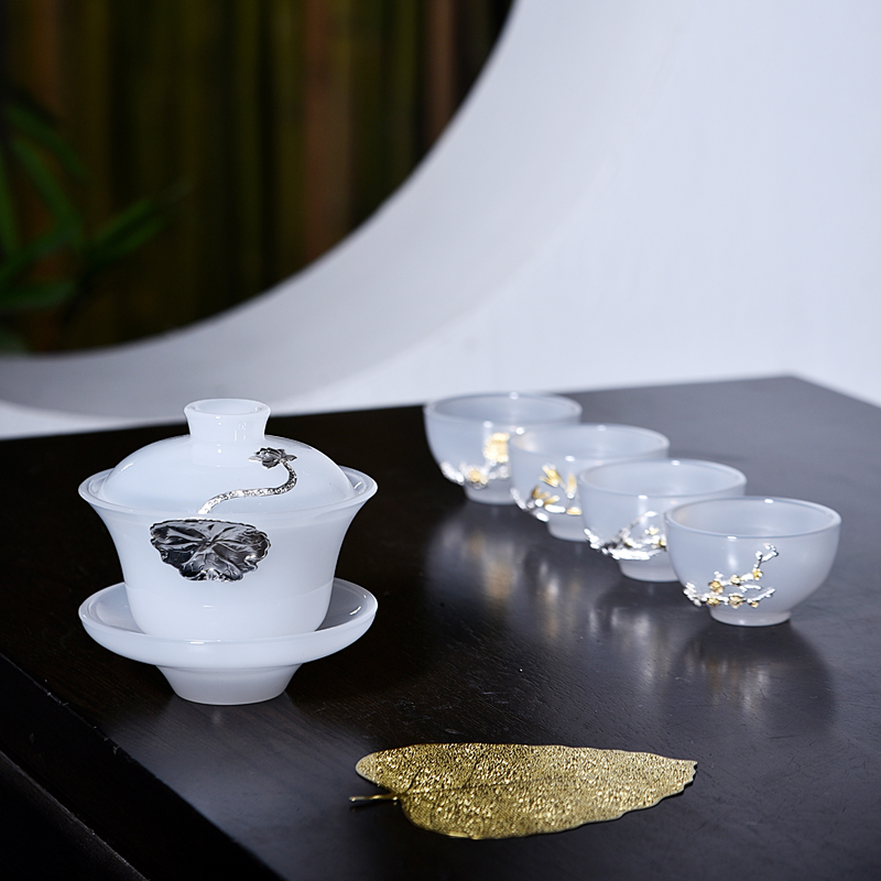 Ancient sheng up with a pot of three to four cups of jade porcelain kung fu bowl whitebait Mosaic jade porcelain white porcelain by patterns tea set