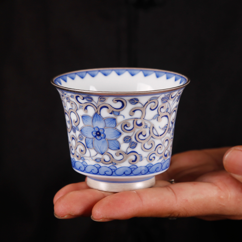 The ancient silver cup pure manual coppering. As sheng up 999 sterling silver master cup with silver blue cup of jingdezhen ceramic cup