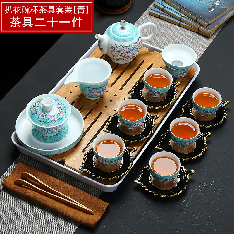 Full color blue and white kung fu tea set manually set ceramic household whole teapot tea cup tureen tea taking group