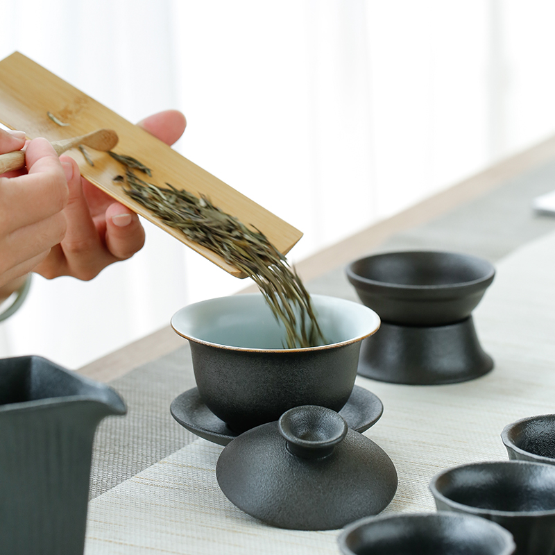 Tang Yan fang zen wind black glaze covered bowl of black stone three bowls of kung fu tea cups domestic crude TaoJing bowl