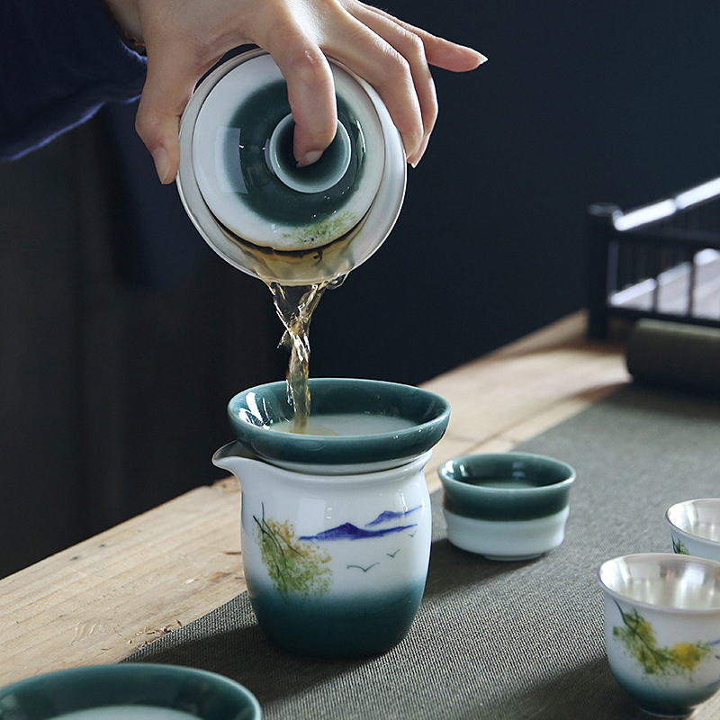 Hand - made ink silver tea set suit tasted silver gilding ceramic up kung fu tea set suit household gift box lid bowl