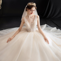 Luxury v-neck wedding dress 2021 new bride Qi Di Sen department super fairy dream light Korean French simple tail