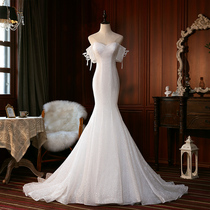 Fishtail light wedding dress 2021 new temperament bride word shoulder starry sky small tail slim simple French super fairy