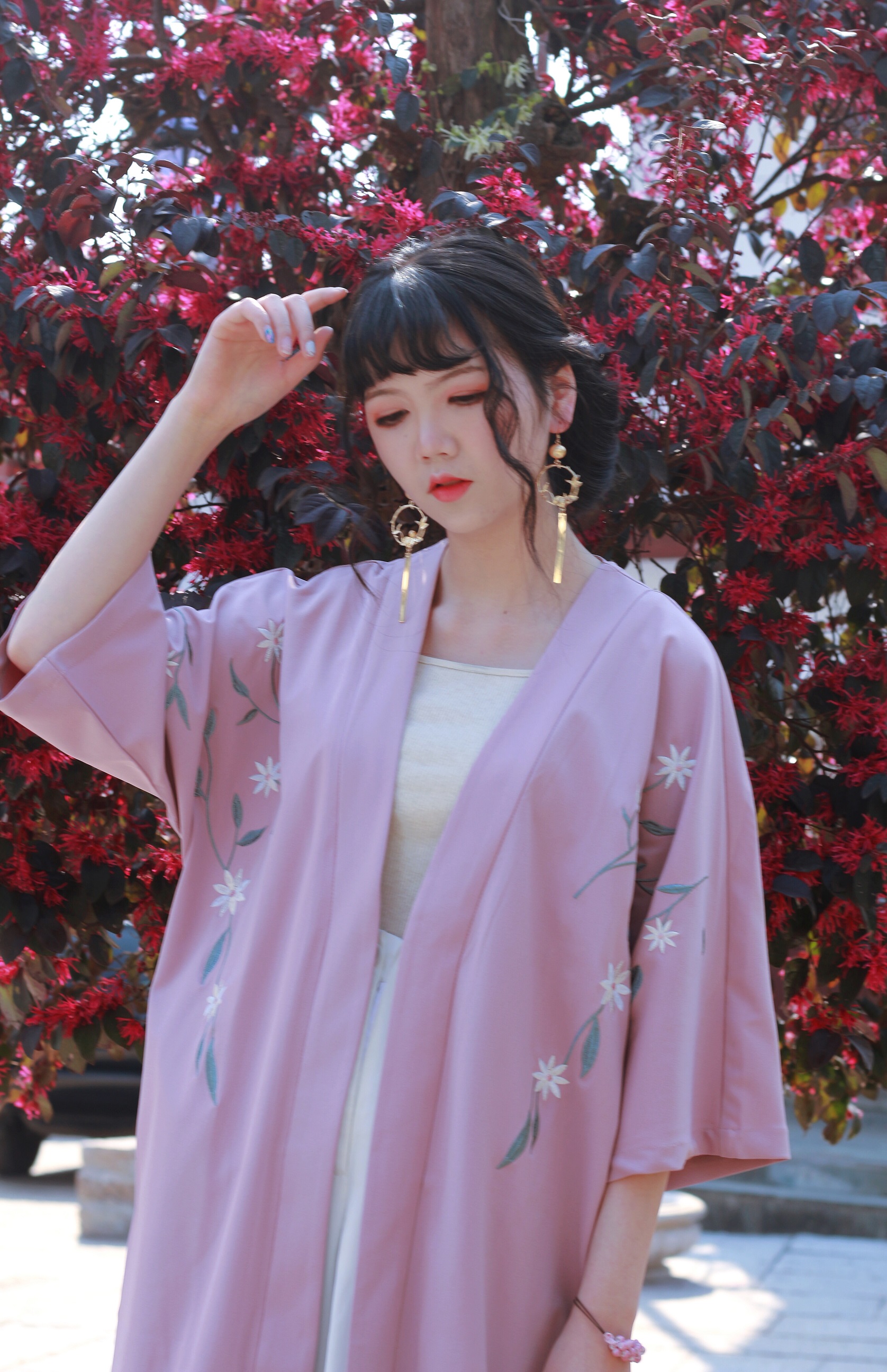 实拍7837# 复古宽松开衫中长款日系绣花和服外套女