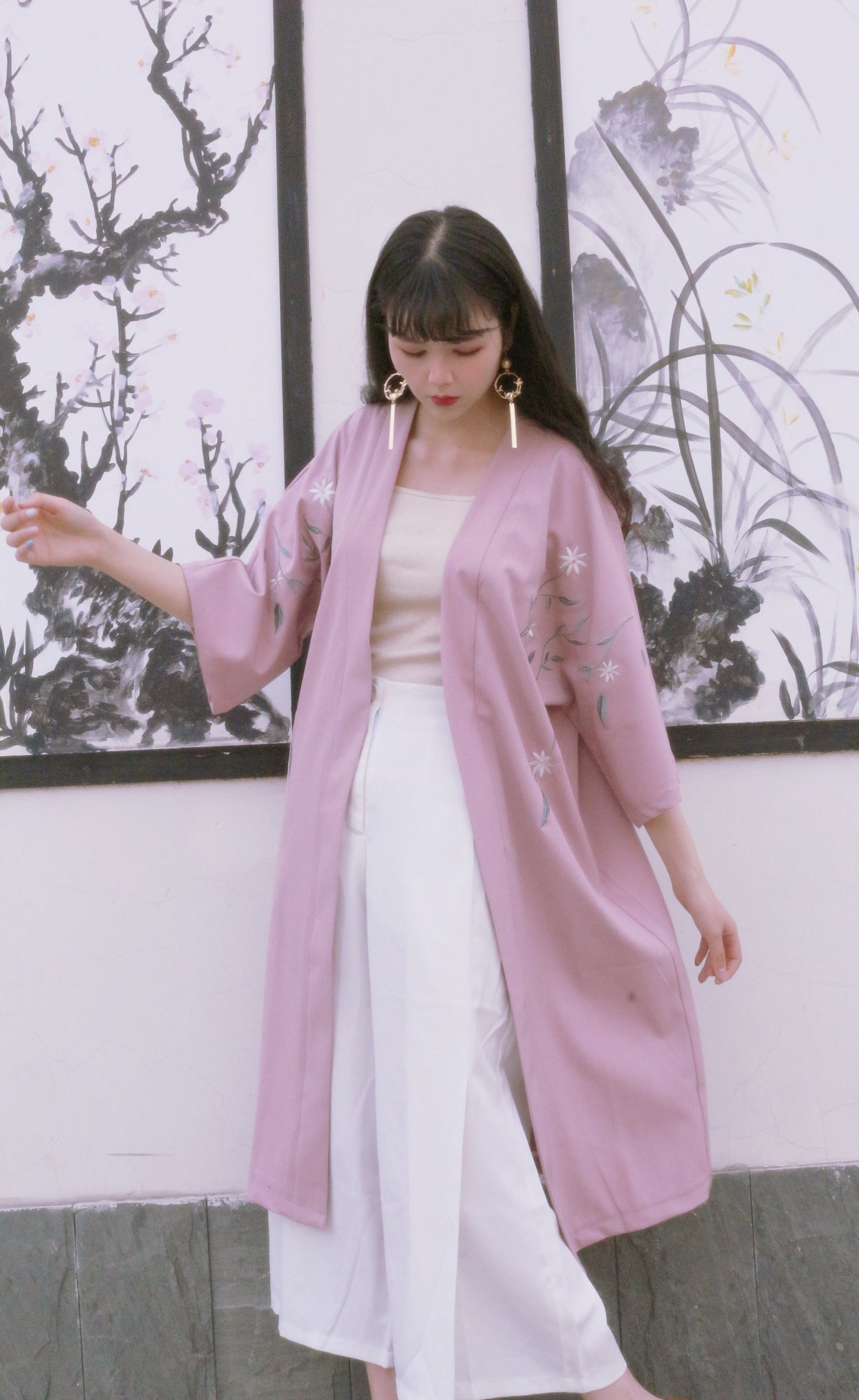 实拍7837# 复古宽松开衫中长款日系绣花和服外套女