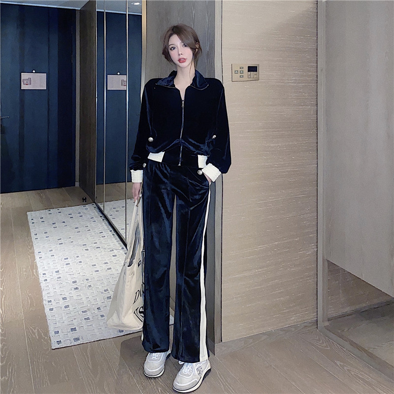 气质休闲运动套装女秋冬季新款长袖修身丝绒外套高腰阔腿长裤裤潮