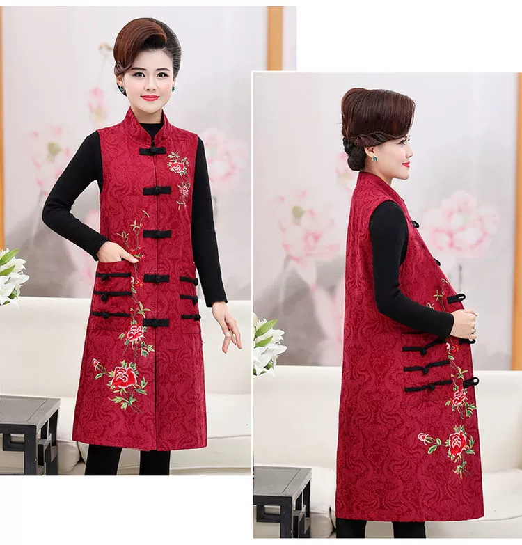 Phong cách dân tộc Tang phù hợp với áo ghi lê áo khoác dài trung niên của mẹ mặc áo khoác vest của người trung niên và người cao tuổi áo vest của phụ nữ mùa thu retro thêu hoa - Áo vest