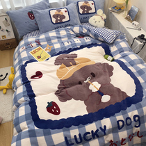 Cartoon coral velvet bed four-piece winter thickened double-sided milk flannel childrens sheet duvet cover three-piece set