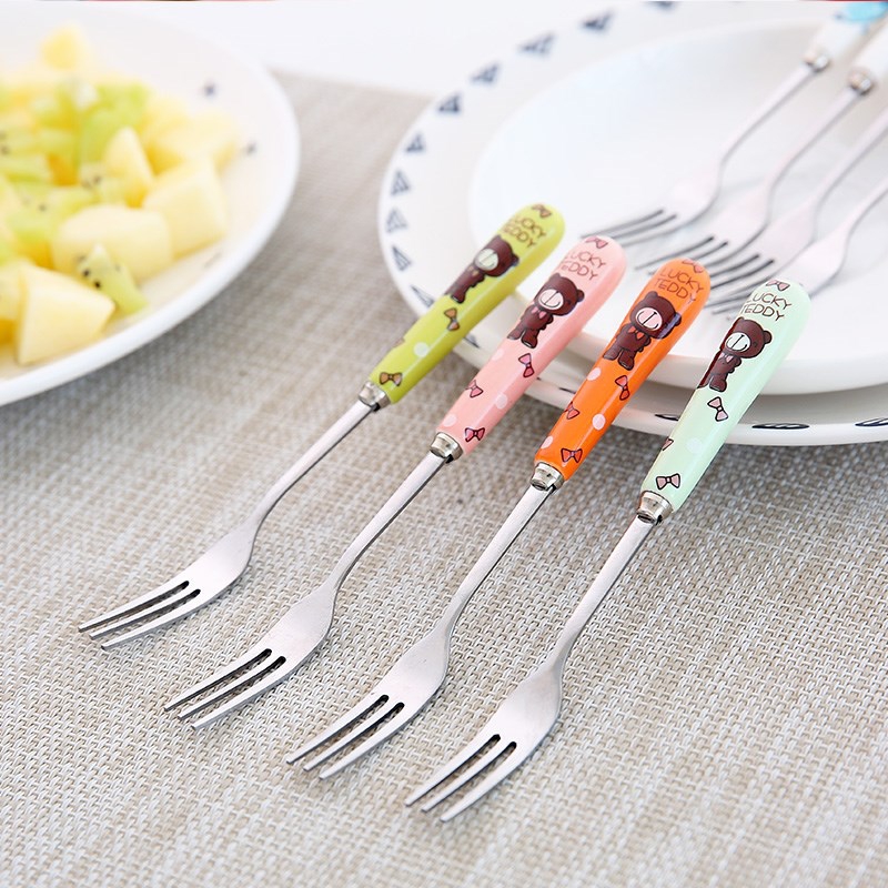 Creative lovely ceramic handle three teeth small children to eat fruit fruit fork fork household stainless steel fruit to sign