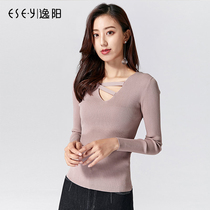 Yiyang Spring and Autumn New V Collar Knit Women Thin Slim base shirt Long Sleeve Sweater Black Top Tide 1974