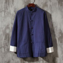 Chinese style Tang suit improved Chinese style mens clothing Chinese style mens cotton and linen buckle coat ancient costume tea clothing National style flax Zen clothing