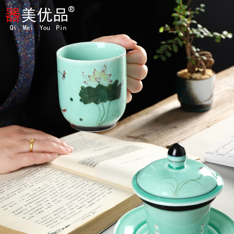 Implement the best tea with hand - made celadon ceramic cups with cover office separation tea cup of domestic tea cups