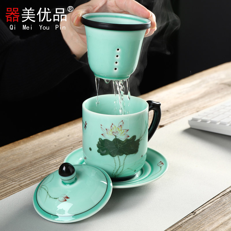 Implement the best tea with hand - made celadon ceramic cups with cover office separation tea cup of domestic tea cups