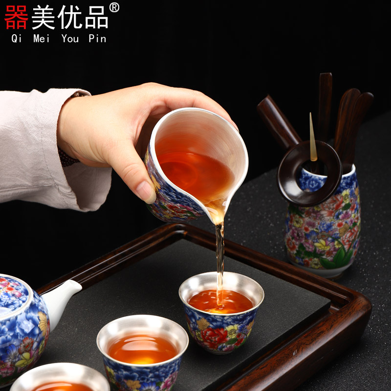 Implement the optimal product silver tea set mine loader 999 silver tea set silver colored enamel kung fu tea set a complete set of ceramic cups 9