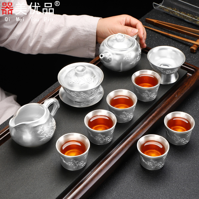 Implement the superior yixing purple sand coppering. As silver tea set your porcelain inlay silver teapot teacup household gift of a complete set of kung fu