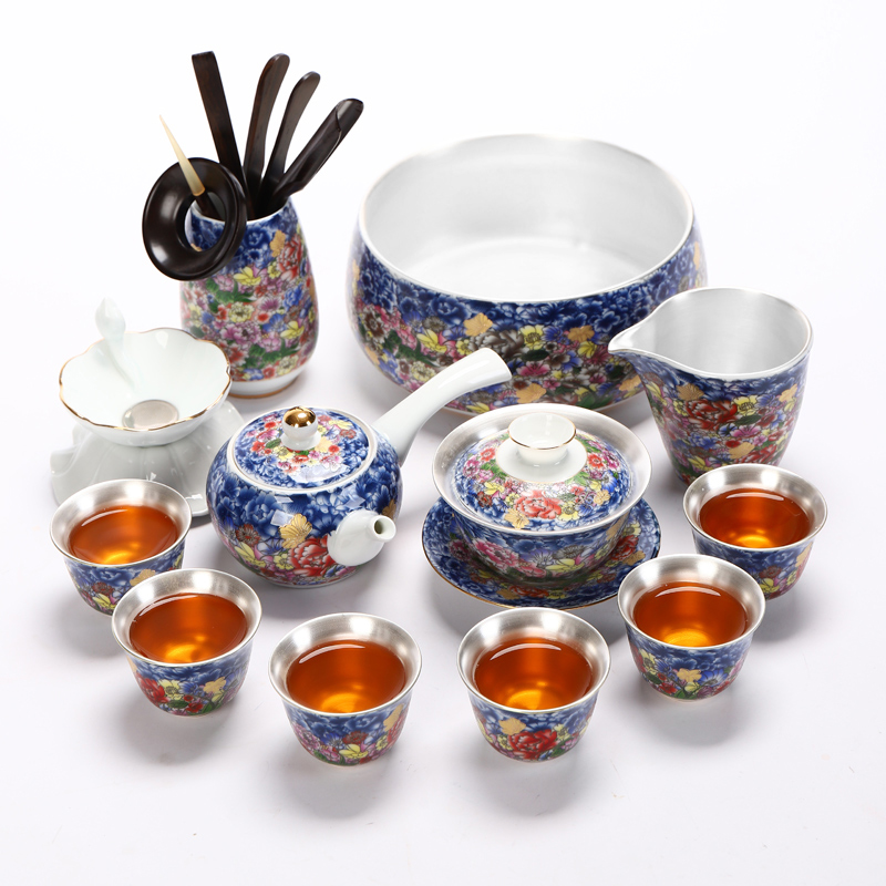 Implement the optimal product silver tea set mine loader 999 silver tea set silver colored enamel kung fu tea set a complete set of ceramic cups 9