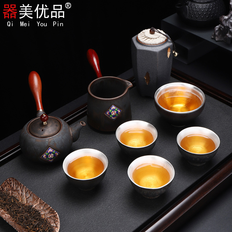 Implement the superior new silver tea set sterling silver 999 from the household of a complete set of manual tasted silver gilding ceramic cups