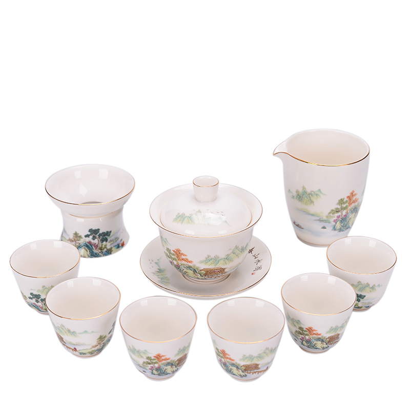 The flute dehua white porcelain tea set household suet jade kung fu contracted tea cups lid bowl of a complete set of cups