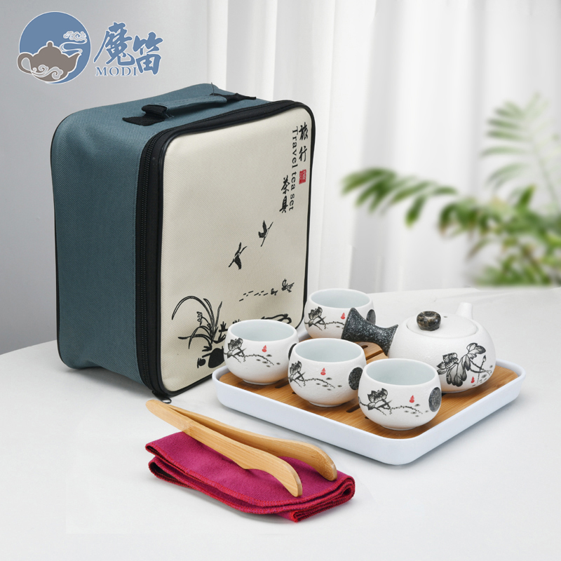 Travel the flute ceramic tea set suit portable package household contracted Japanese office teapot is suing tea tray cups