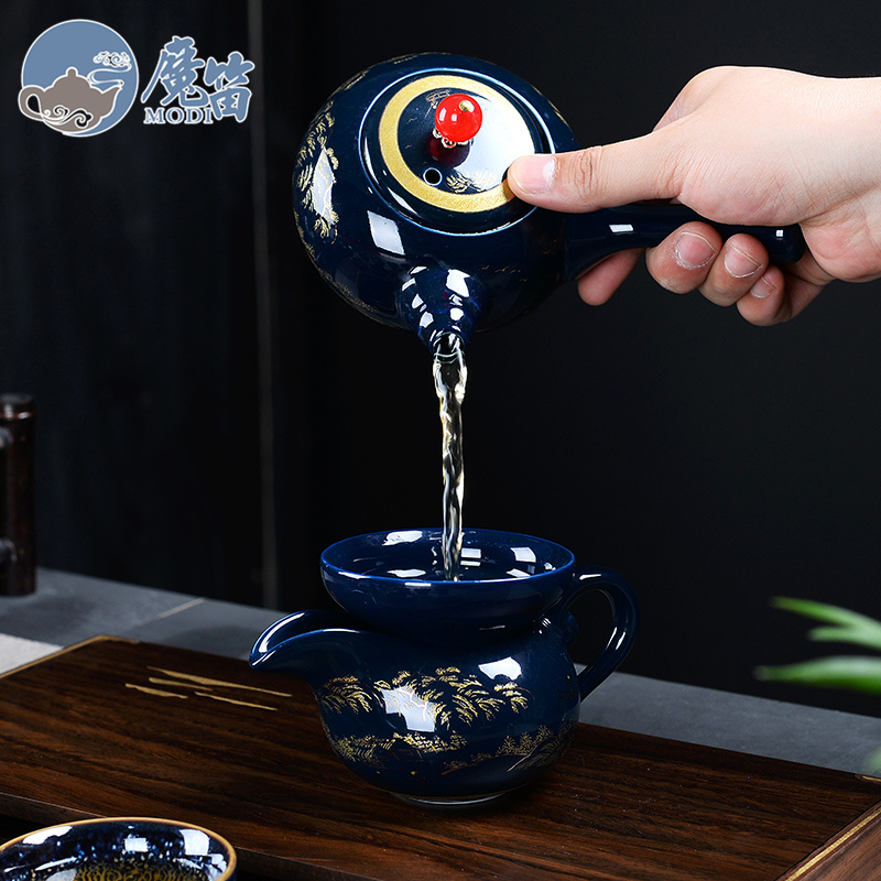 The flute blue mist kung fu tea set office ceramic household cup teapot tea wash GaiWanCha sea restoring ancient ways