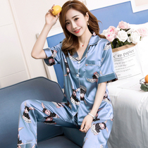 Pajamas womens summer ice silk short sleeve trousers two-piece set womens silk students cute Korean home clothes