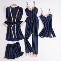 Silk pajamas female spring and autumn thin ice silk sling sexy belt chest pad five-piece womens silk home suit suit