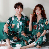 Couple pajamas womens summer ice silk short sleeve trousers mens summer thin silk silk two-piece home clothes