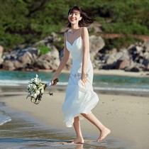 Korean-style sling satin light wedding dress simple certificate registration travel shooting outside shooting out gauze small dress daily small white dress