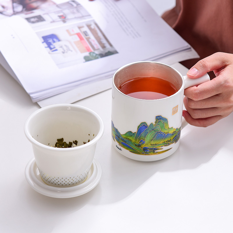 Dehua white porcelain office cup with handle with cover glass cup silver cup 999 sterling silver separation ceramic tea cup