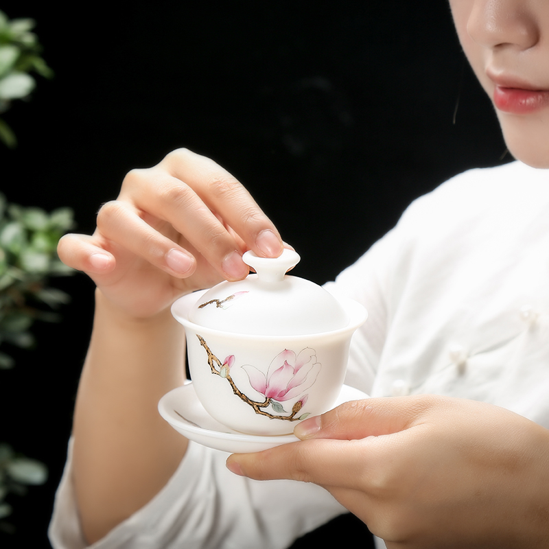 Dehua white porcelain tea tureen kung fu tea set ceramic checking hand - made ceramic three suits for of the bowl tureen tea cups