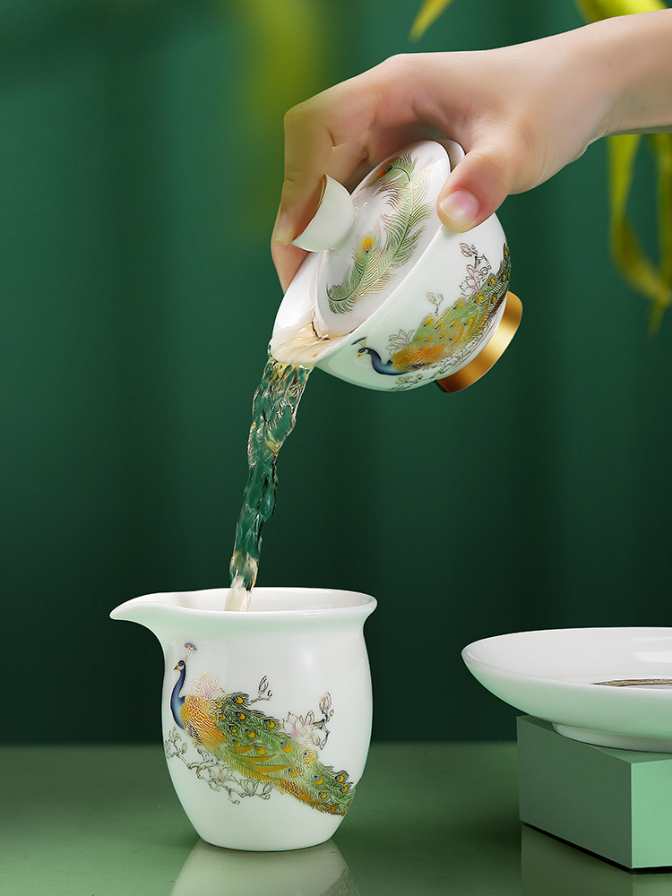 Dehua suet jade white porcelain tea set gift box home office colored enamel kung fu tea cup high - grade tea tureen