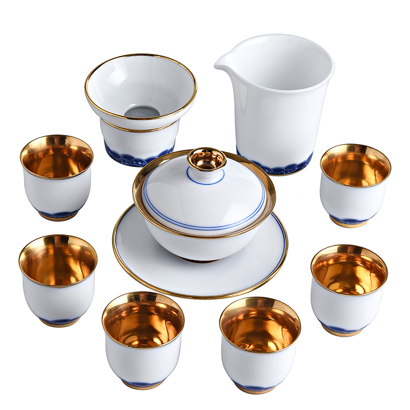 The see colour white porcelain fine gold kung fu tea set home office make tea cup lid bowl of a complete set of high - end gift set