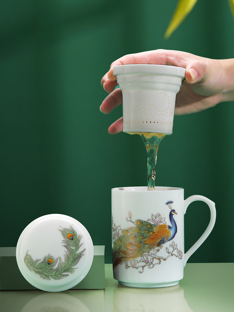 Chinese wind glass ceramic colored enamel peacock filter glass tea cup home office personal special gift box