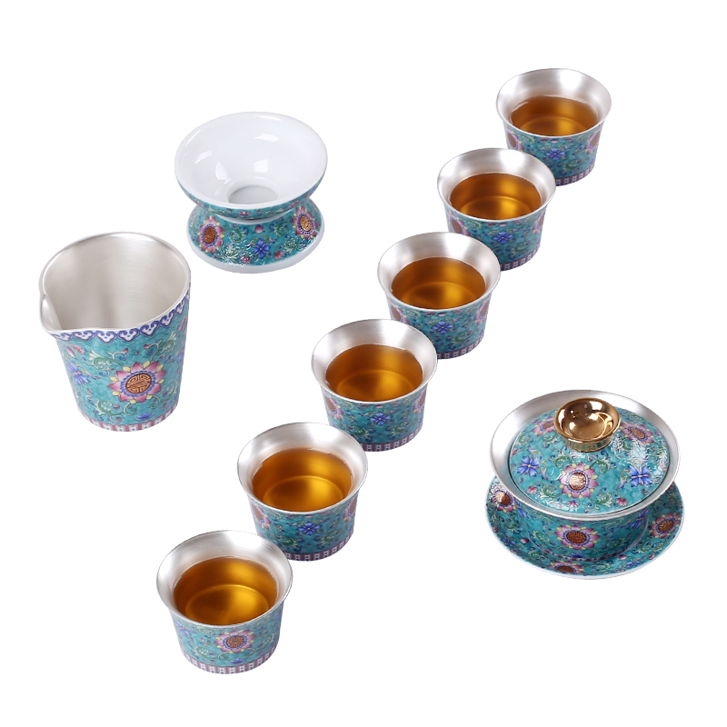 Jingdezhen silver tea sets, 999 sterling silver colored enamel coppering. As kung fu tea bowl cups of a complete set of the home office