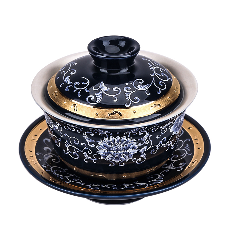 Jingdezhen porcelain tea tasted silver tureen silver gilding 999 ceramic three kung fu tea bowl covered bowl bowl is large