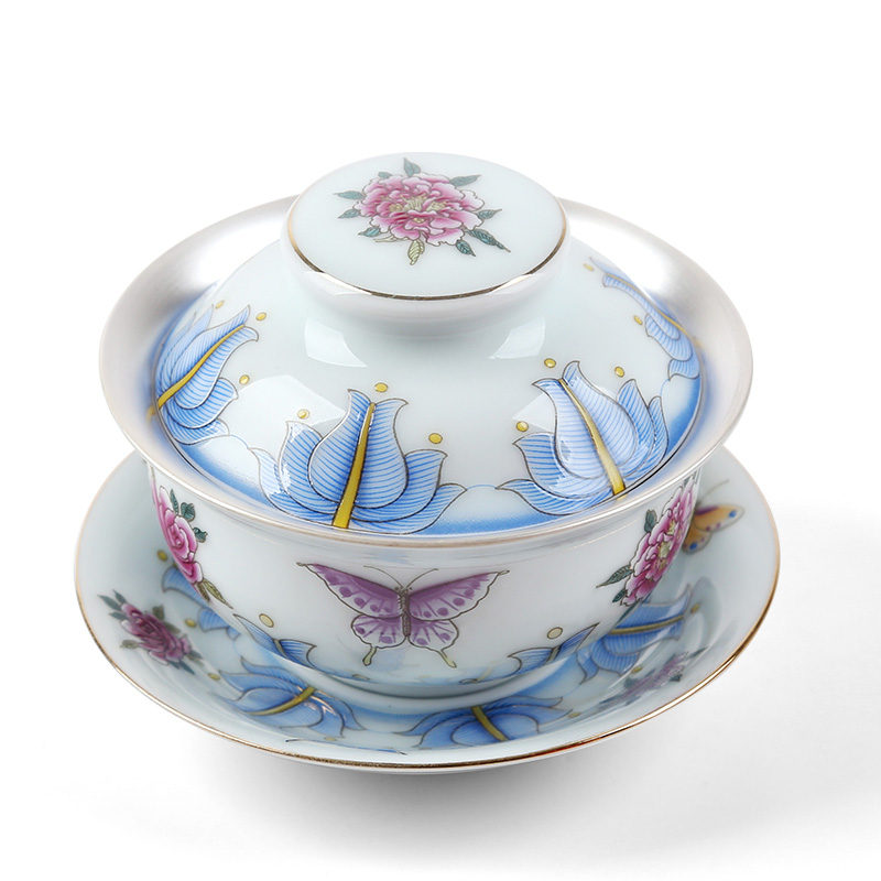 Jingdezhen ceramic tasted silver gilding silver tea set sterling silver 999 authentic kung fu three tureen tea cups large household