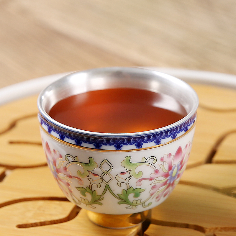 Jingdezhen porcelain enamel silver cup silver 999 authentic wu manual coppering. As the master sample tea cup single CPU