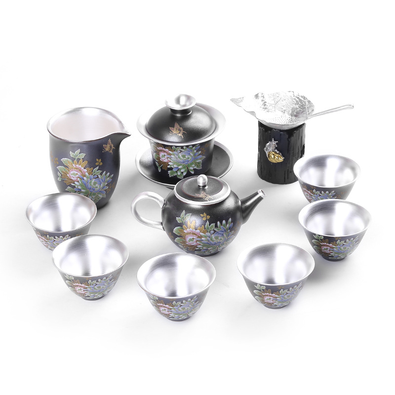 Bo yao with silver kung fu tea set a complete set of kung fu ceramic household tureen sterling silver cup pot a pot of 2 cups